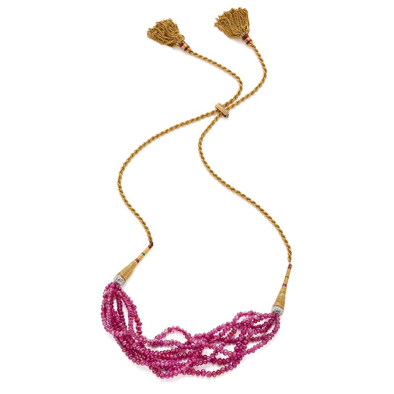 Collana con rubini, oro, smalti e diamanti