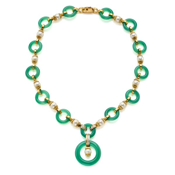 Collier in oro, quarzo e perle 