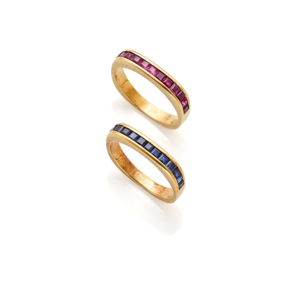 Two gold rings with rubies and sapphires