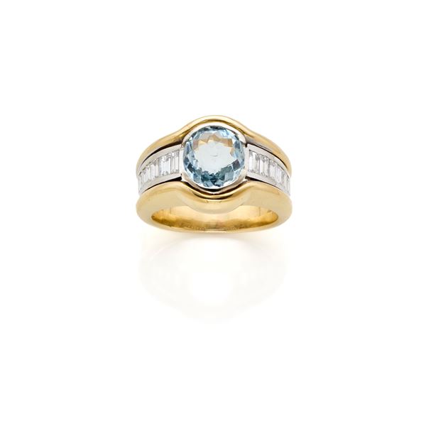 Anello in oro con diamanti e acquamarina