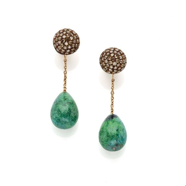 Gold earrings with diamonds and turquoise  - Auction GIOIELLI OROLOGI E LUXURY GOODS - Faraone Casa d'Aste