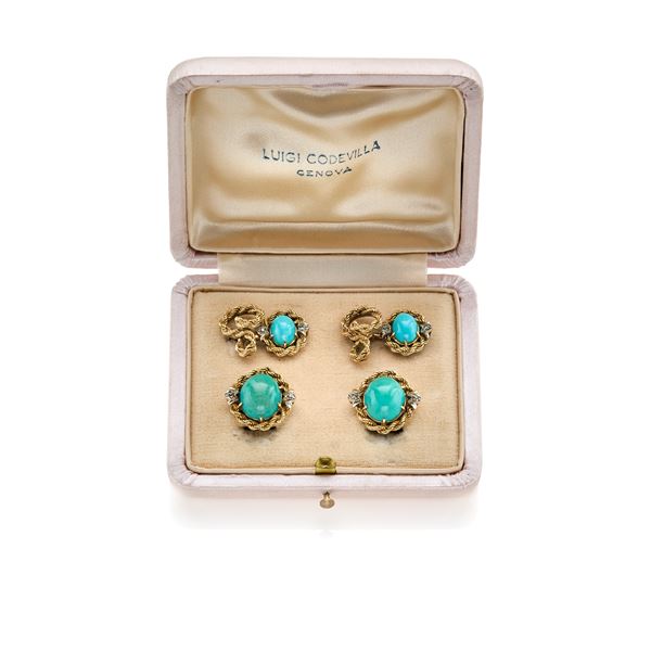 Gold and turquoise cufflinks and earrings