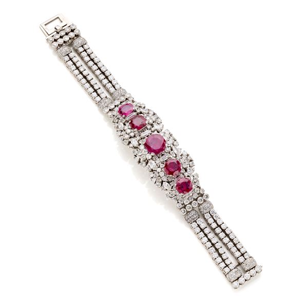 Bracelet in platinum with diamonds and rubies  - Auction GIOIELLI OROLOGI E LUXURY GOODS - Faraone Casa d'Aste