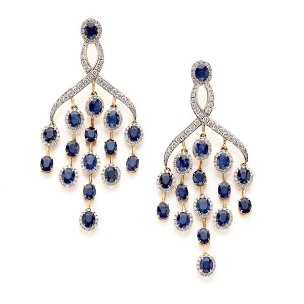 Orecchini in oro con diamanti e zaffiri  - Asta GIOIELLI, OROLOGI E LUXURY GOODS - Faraone Casa d'Aste