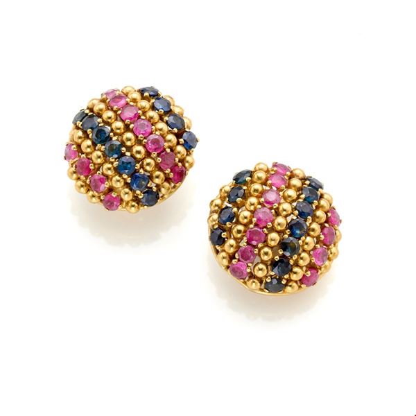 Gold earrings with sapphires and rubies