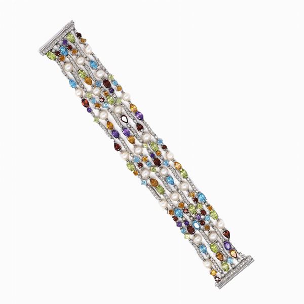 Bracciale 6 fili con diamanti, perle e pietre colorate
