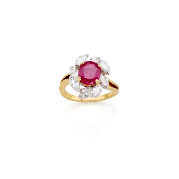 Anello con diamanti e rubino sintetico
