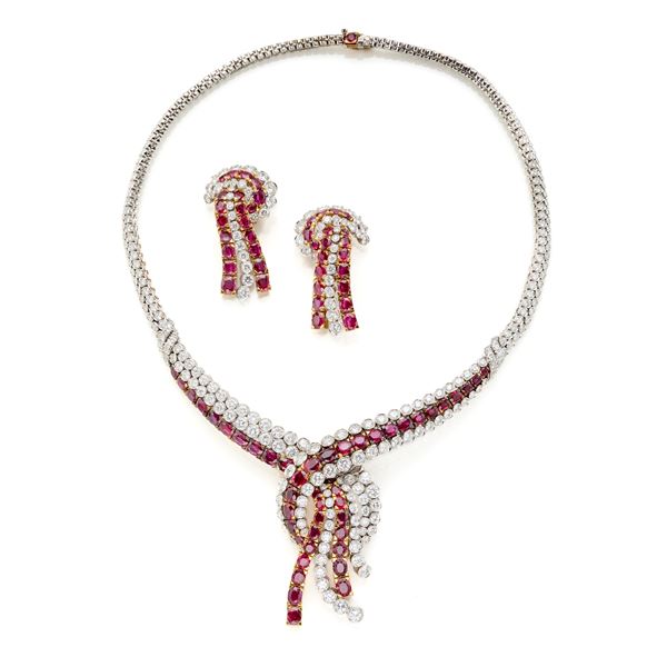 Gold demi parure with diamonds and rubies