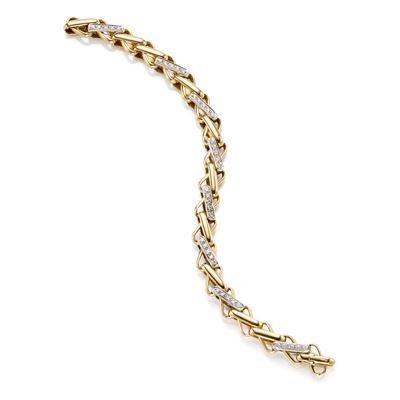 Bracciale a maglia intrecciata in oro giallo e bianco con diamanti