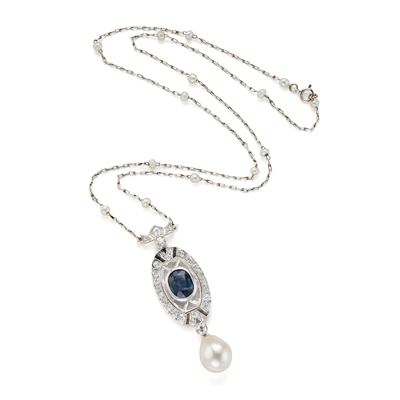 Collana in Oro, Diamanti, Zaffiro e Perla