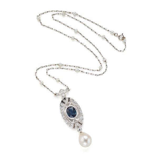 Gold, diamond, sapphire and pearl necklace
