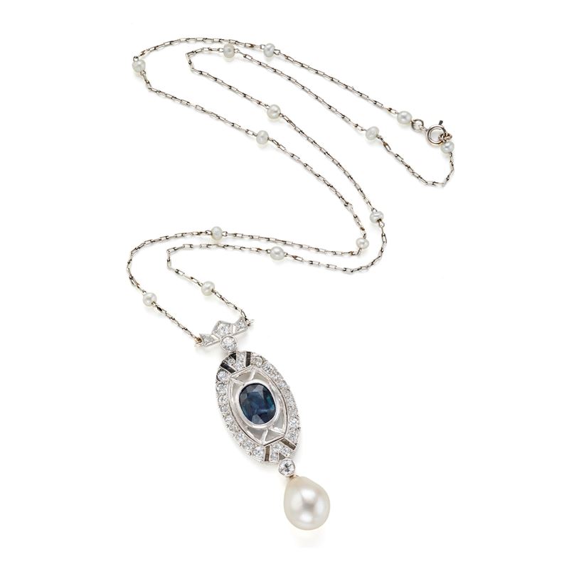 Collana in Oro, Diamanti, Zaffiro e Perla