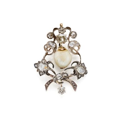 Pendente in Oro e Argento con Diamanti e Perla