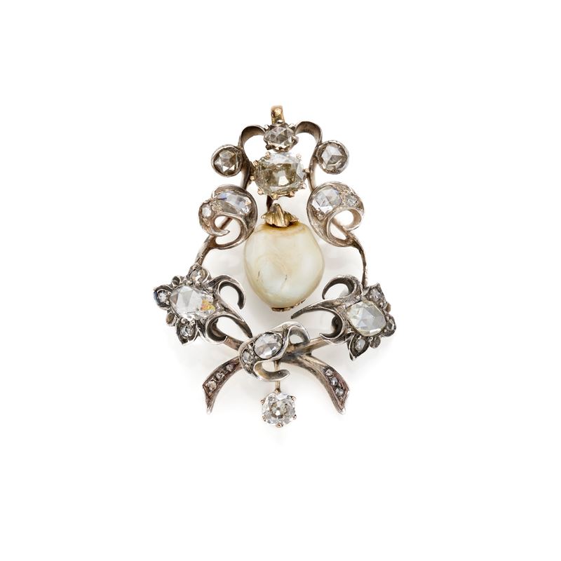 Pendente in Oro e Argento con Diamanti e Perla