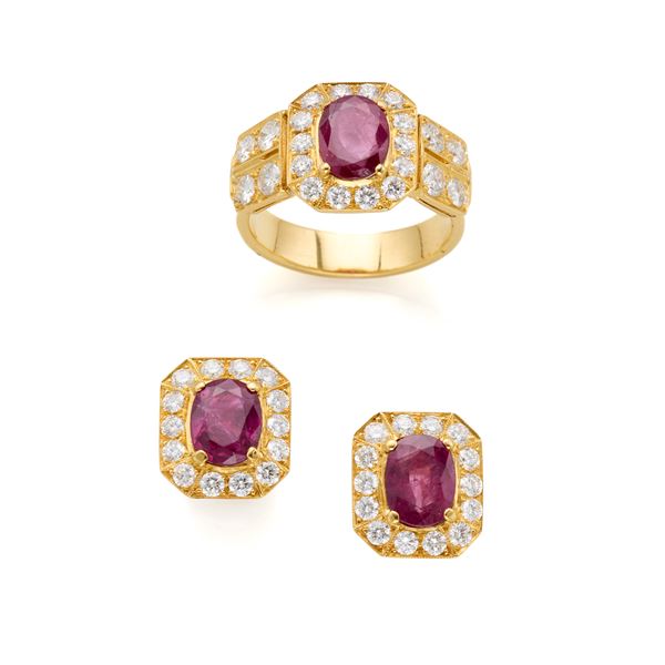 Demi parure in oro con diamanti e rubini