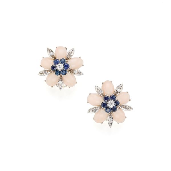 Gold earrings with coral, sapphires and diamonds