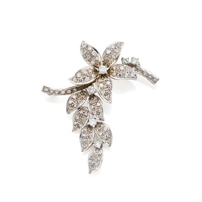 Spilla floreale in oro bianco 18 Kt con diamanti rotondi, circa 1,10 ct