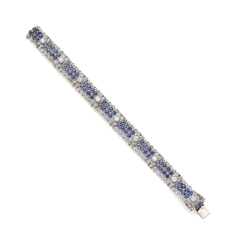 Bracciale in oro bianco 18 Kt con diamanti rotondi e zaffiri