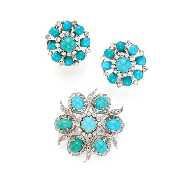 Gold brooch and earrings with turquoise