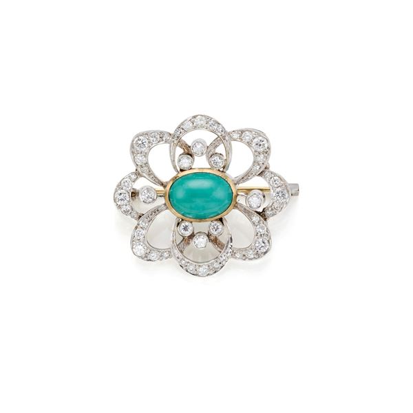 Gold brooch with turquoise and diamonds