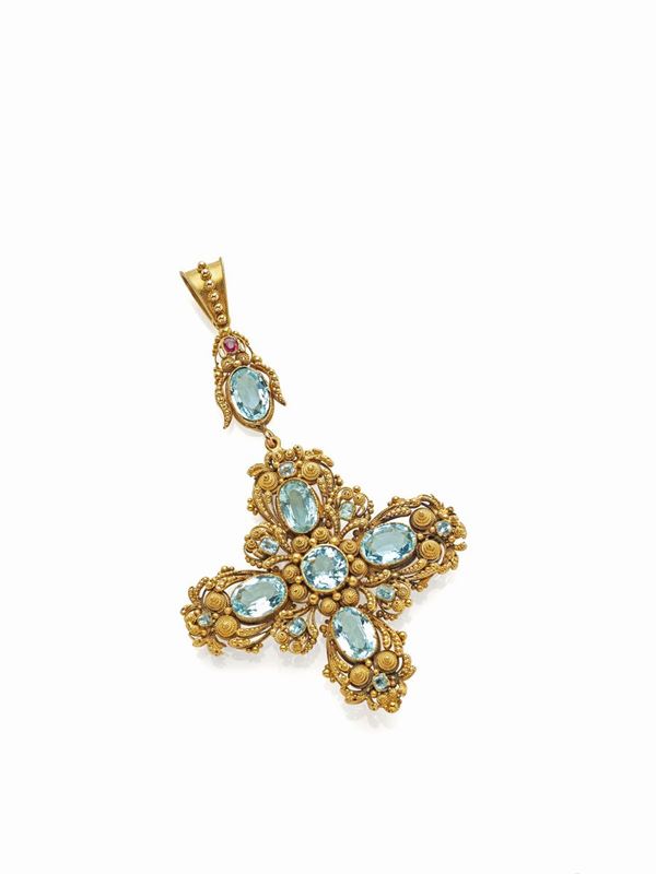 Pendente croce con acquamarina  - Auction Gioielli e Orologi del XX Secolo - Faraone Casa d'Aste