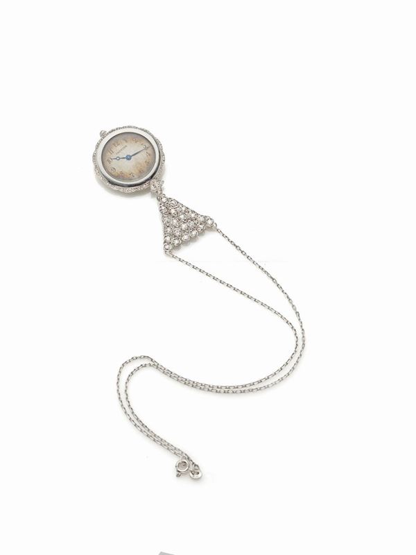 Cartier - Orologio pendente Cartier con collana oro bianco e diamanti.