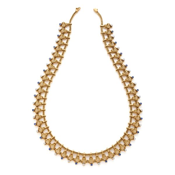 Gold necklace with diamonds and sapphires