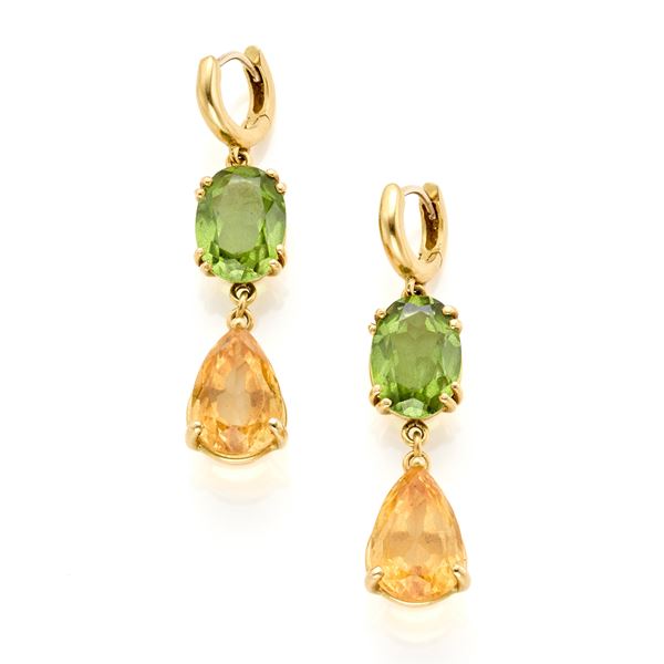 Gold earrings with peridots and quartz