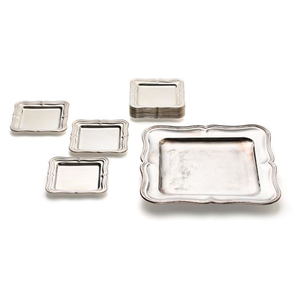Silver lot of one tray and twelve plates