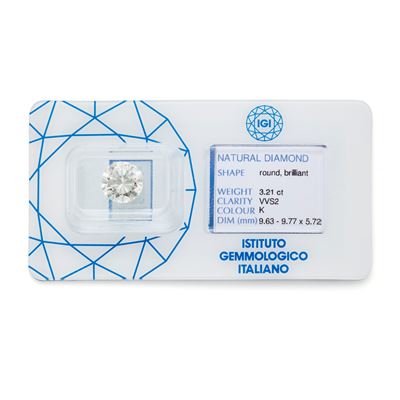 Diamante, taglio brillante di 3,21 ct, colore K, purezza VVS2