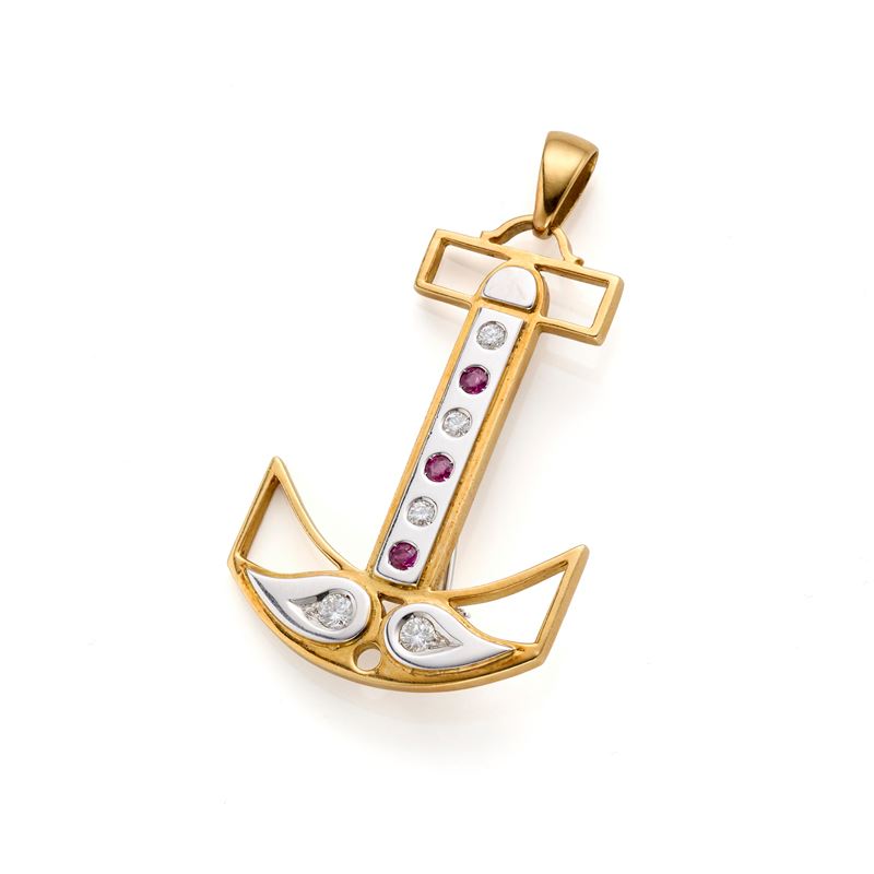 Spilla/pendente in oro con diamanti e rubini