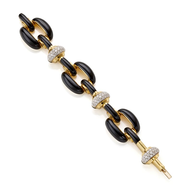 Webb, Bracciale modulare in oro giallo e bianco con smalto nero e diamanti