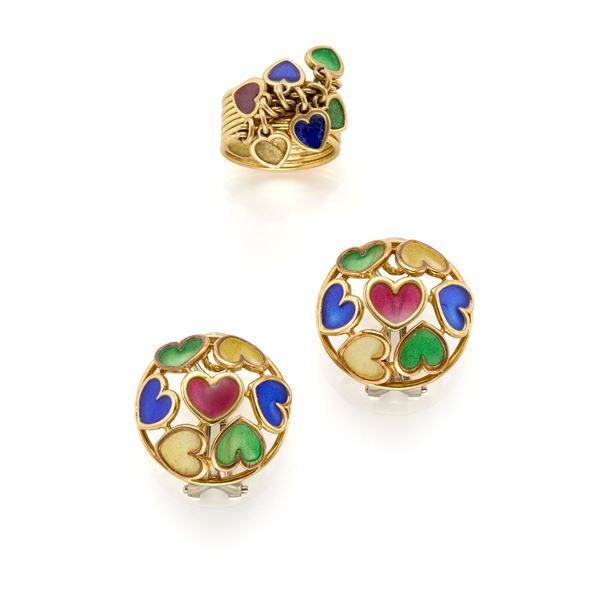 Gold ring and earrings with enamels
