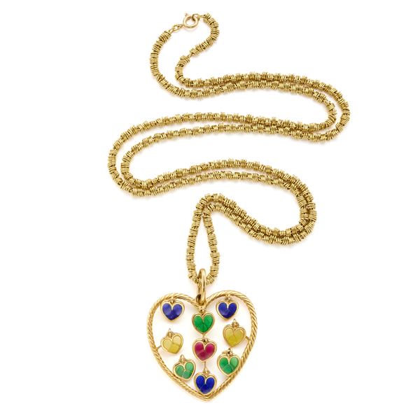 Gold necklace and pendant with enamels