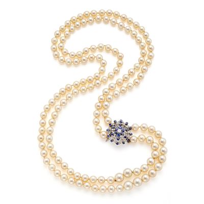 Collier a Due Fili di Perle con Fermezza in Oro Rifinita con Diamanti e Zaffiri