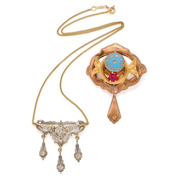 Gold lot consisting of brooch and necklace