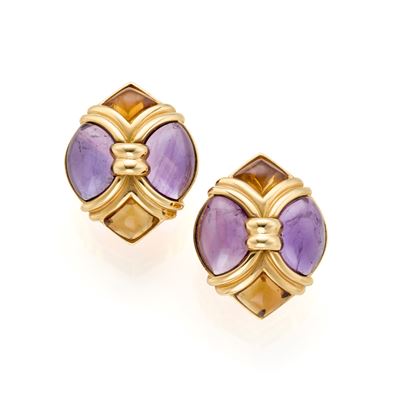Bulgari, Orecchini a clip in oro giallo 18 Kt con ametiste e quarzi citrini