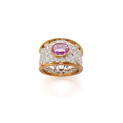 Anello in oro giallo e bianco 18 Kt con diamanti e corindone rosa