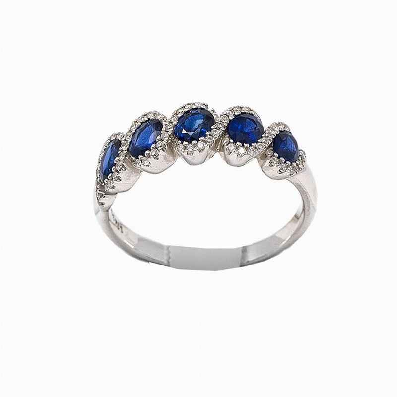 Anello Oro Bianco con Zaffiri e Diamanti