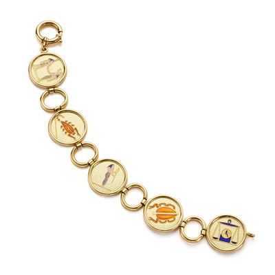 Bracciale modulare in oro giallo 18 Kt con decorazioni a soggetto egizio
