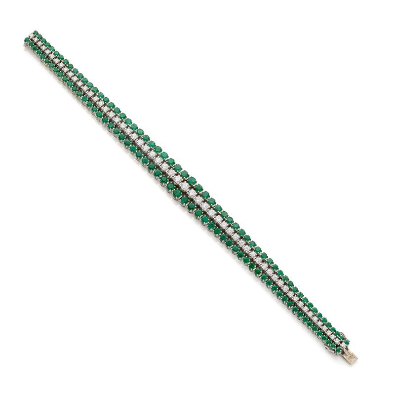 Bracciale in oro bianco 18 Kt con diamanti e smeraldi