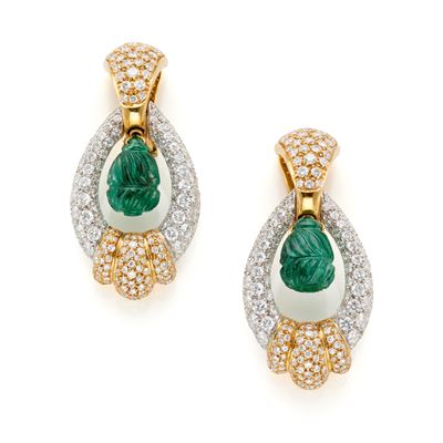 Orecchini in oro bianco e giallo 18 Kt, diamanti e smeraldi