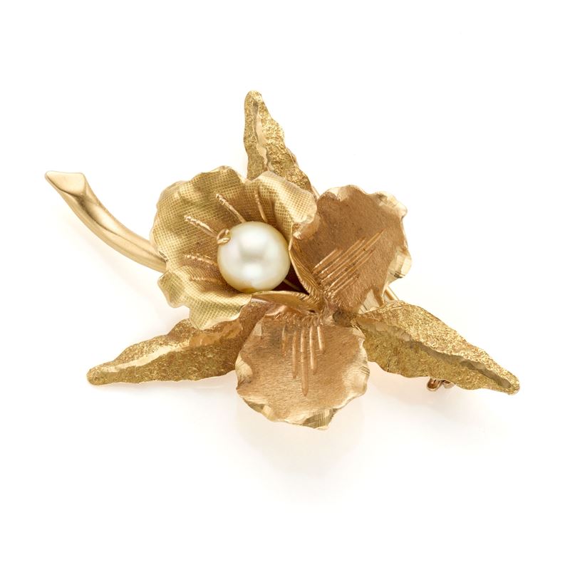 Spilla a Orchidea in Oro con Perla