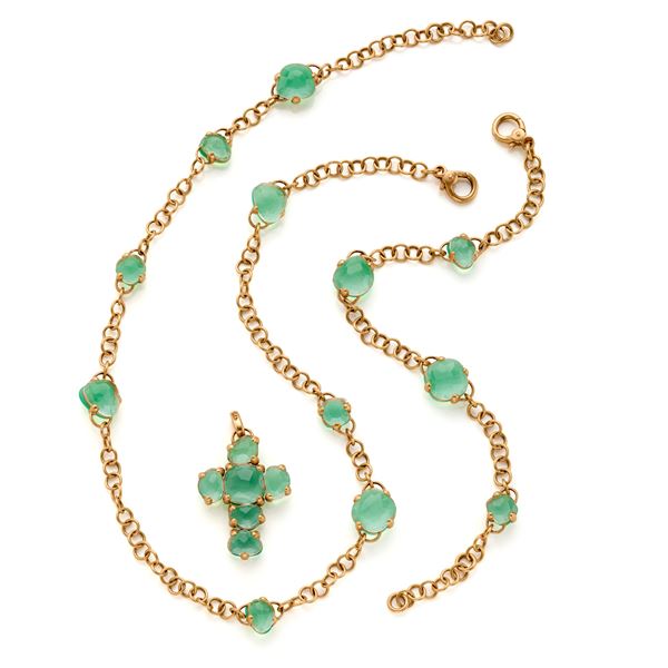 Pomellato demi parure in gold with chrysoprase and rock crystal