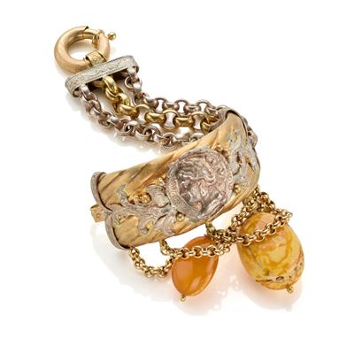 Giuseppina Fermi Gioielli, Bracciale in oro giallo 18 Kt e argento con pendenti in ambra