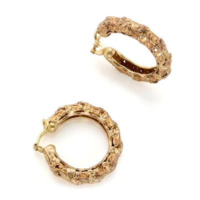 Orecchini a cerchio in argento dorato e oro giallo 18 Kt, motivo vegetale