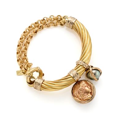 Giuseppina Fermi, Bracciale in oro giallo 18 Kt e argento con perla coltivata grigia