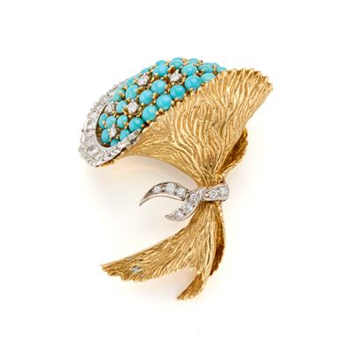 Spilla in oro giallo e bianco 18 Kt con diamanti e turchesi cabochon