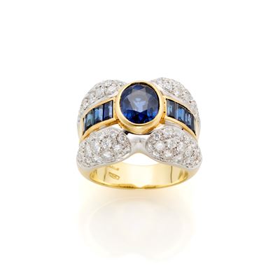 Missiaglia, Anello in oro giallo e bianco 18 Kt con zaffiro ovale e diamanti