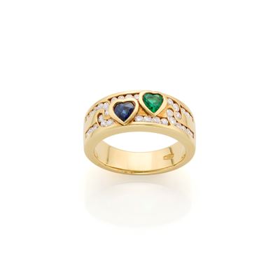 Anello in oro giallo 18 Kt con zaffiro e smeraldo, diamanti rotondi